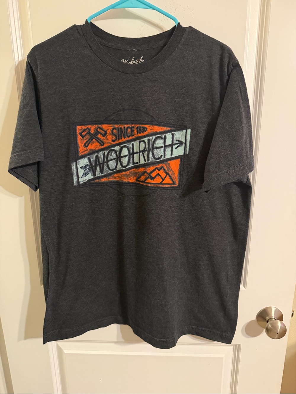 Woolrich Dark Gray Short-Sleeve Graphic Tee with Orange and Light Blue Logo